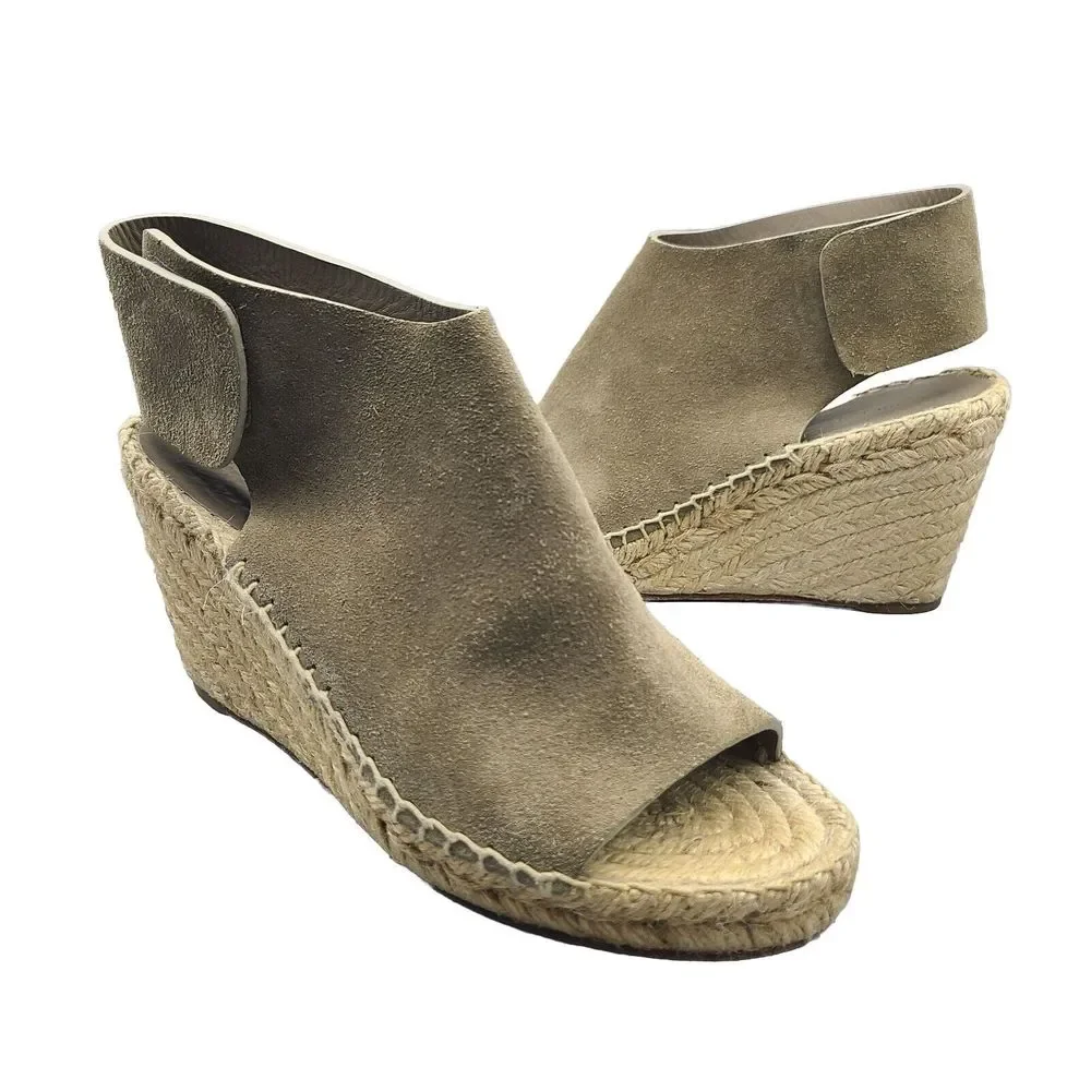 CELINE Women Sandals Taupe Leather Open-Toe Espadrille Wedge High Heel Sz 6 36